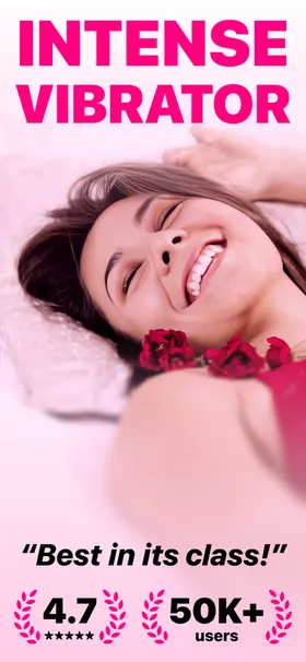 App Store screenshot: “Intense vibrator” — a woman relaxing in bed