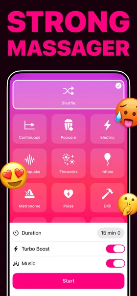 App Store screenshot: “Strong massager” — the pattern grid with Shuffle, Popcorn, Electric, Fireworks and more