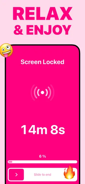 App Store screenshot: “Relax & enjoy” — a locked session with timer and slide-to-end control