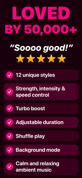 App Store screenshot: feature list — 12 unique styles, strength and speed control, turbo boost, background mode
