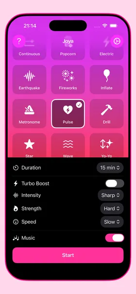 App Store screenshot: pattern picker with duration, intensity, strength, speed, and music controls